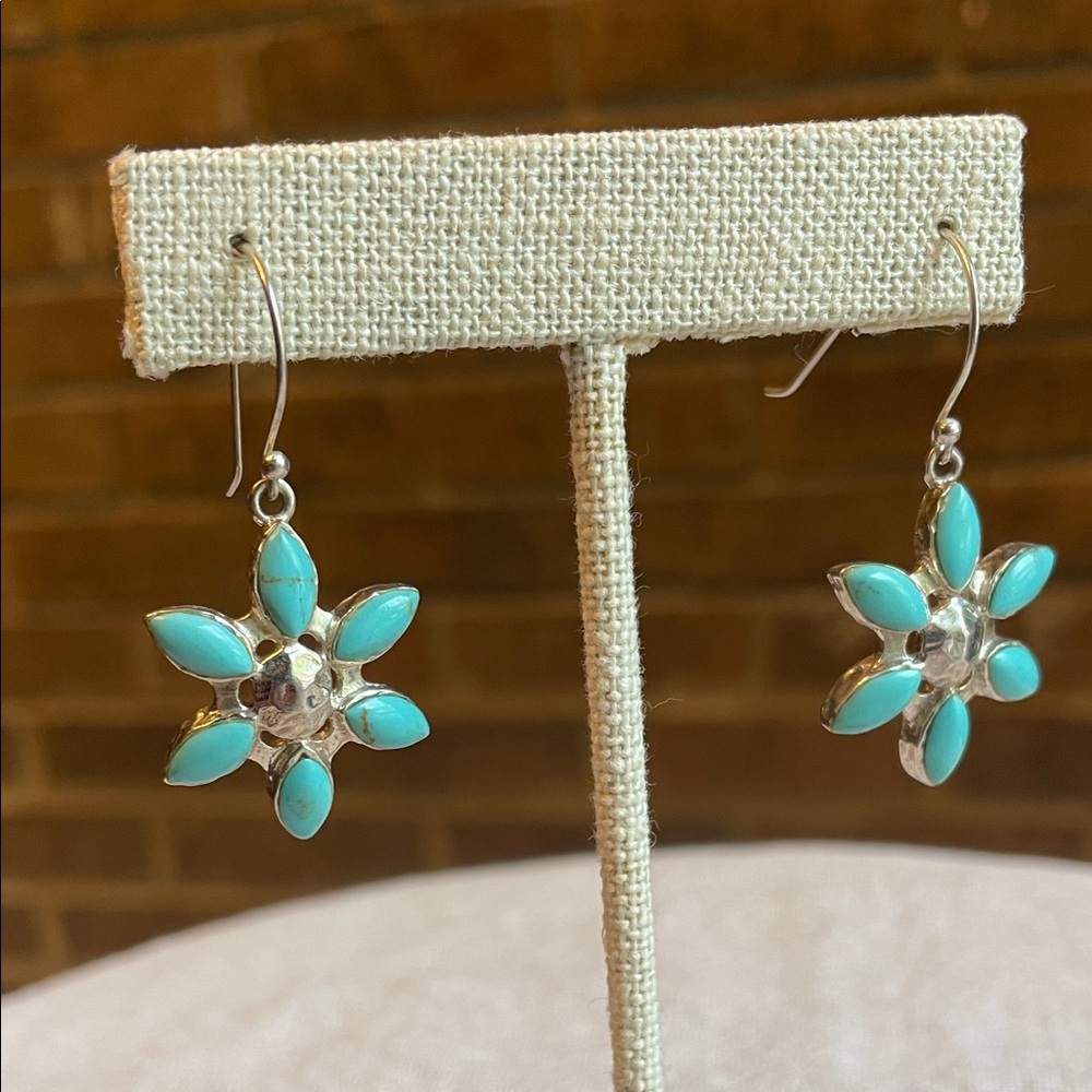 Sterling Silver .925 Vintage Turquoise Organic Flower Hook Dangle Drop Earrings